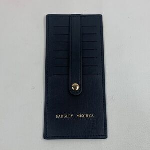 Badgley Mischka black Leather Slim Card holder wallet & Gold button Accent NEW